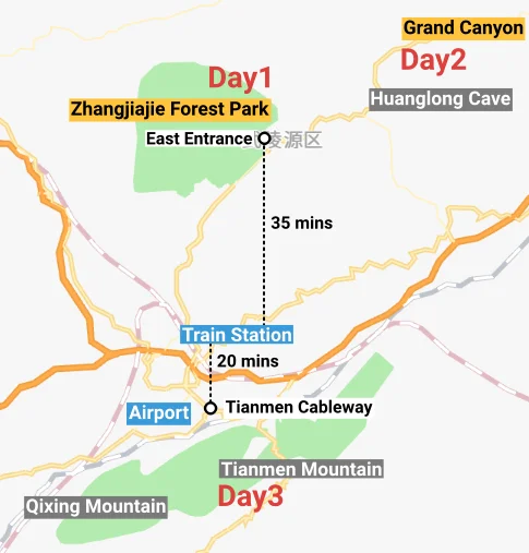 Zhangjiajie Itinerary map